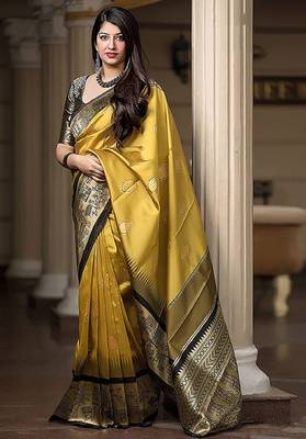 yellow silk blend banarasi saree with unstitched blouse piece 1