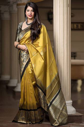 yellow soft art silk banarasi jacuard work designer party wear saree with unstitched blouse piece