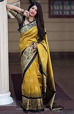 yellow silk blend banarasi saree with unstitched blouse piece 2