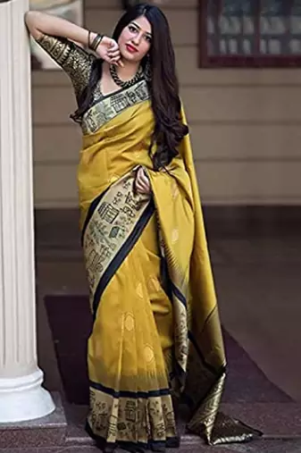 yellow silk blend banarasi saree with unstitched blouse piece