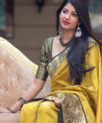 yellow silk blend banarasi saree with unstitched blouse piece 3