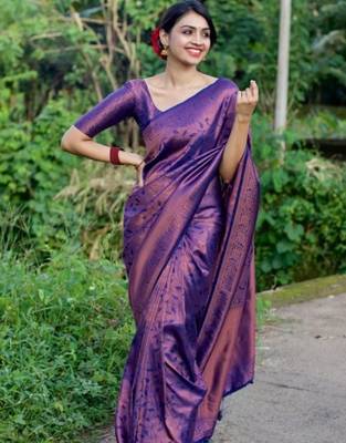 purple silk blend banarasi saree with unstitched blouse piece 1