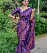 purple silk blend banarasi saree with unstitched blouse piece