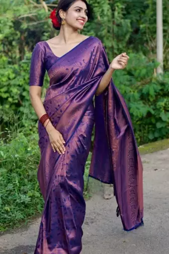 purple silk blend banarasi saree with unstitched blouse piece