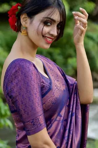 purple silk blend banarasi saree with unstitched blouse piece