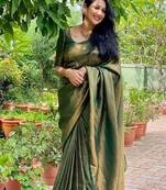 green soft art silk banarasi jacuard work designer party wear saree with unstitched blouse piece