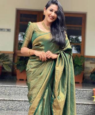 green silk blend banarasi saree with unstitched blouse piece 1