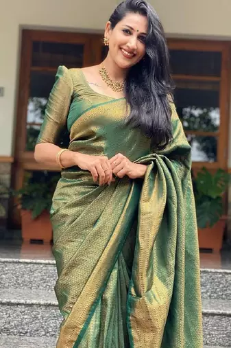 green soft art silk banarasi jacuard work designer party wear saree with unstitched blouse piece