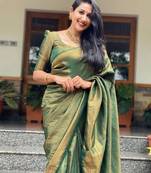 green silk blend banarasi saree with unstitched blouse piece