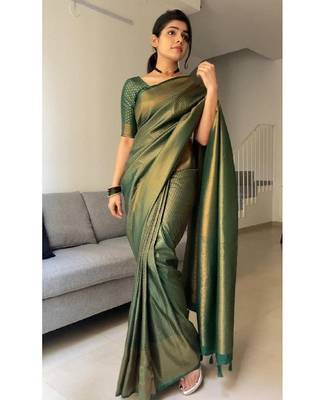green silk blend banarasi saree with unstitched blouse piece 2