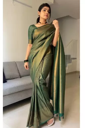 green soft art silk banarasi jacuard work designer party wear saree with unstitched blouse piece