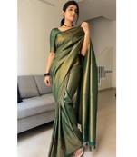 green soft art silk banarasi jacuard work designer party wear saree with unstitched blouse piece