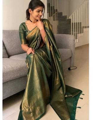 green silk blend banarasi saree with unstitched blouse piece 3