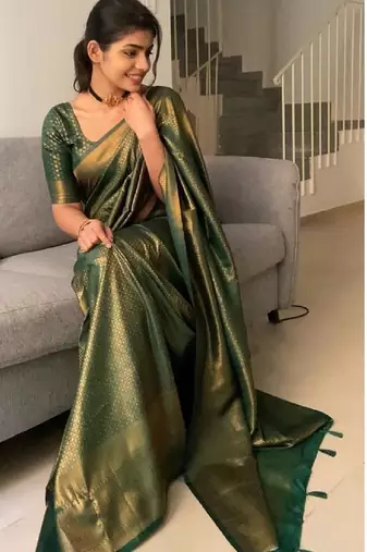 green silk blend banarasi saree with unstitched blouse piece