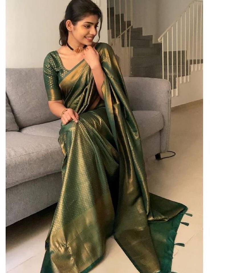 green soft art silk banarasi jacuard work designer party wear saree with unstitched blouse piece