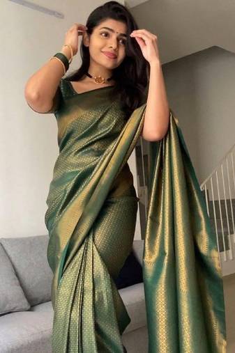 green soft art silk banarasi jacuard work designer party wear saree with unstitched blouse piece