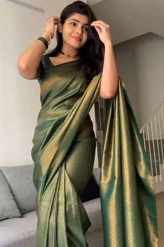 green soft art silk banarasi jacuard work designer party wear saree with unstitched blouse piece