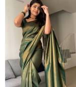 green silk blend banarasi saree with unstitched blouse piece