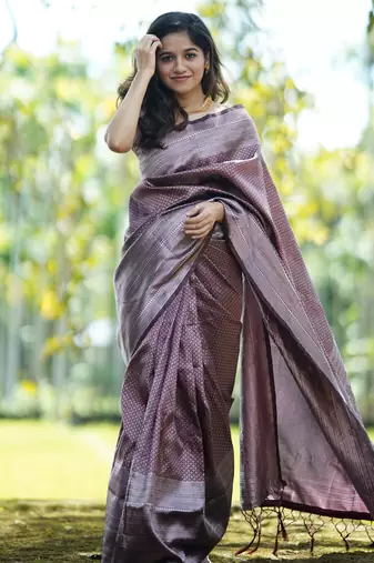 maroon silver silk blend banarasi saree with unstitched blouse piece