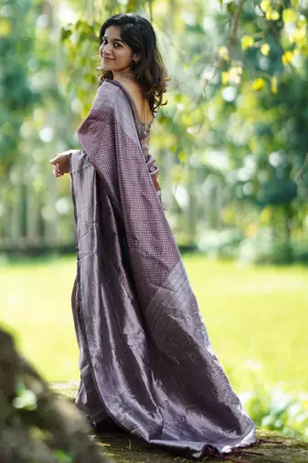 maroon silver silk blend banarasi saree with unstitched blouse piece