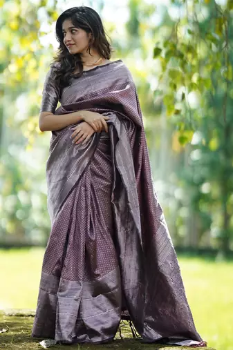 maroon silver silk blend banarasi saree with unstitched blouse piece
