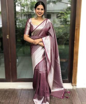 maroon silver silk blend banarasi saree with unstitched blouse piece 2