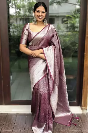 maroon silver silk blend banarasi saree with unstitched blouse piece