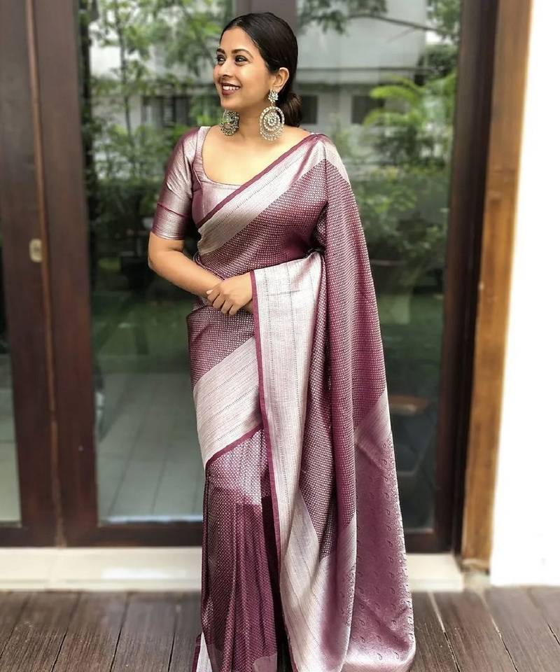 maroon silver soft art silk banarasi jacuard work designer party wear saree with unstitched blouse piece