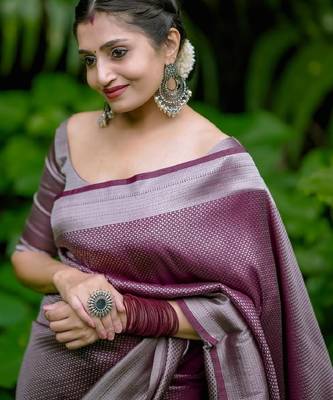 maroon silver silk blend banarasi saree with unstitched blouse piece 1