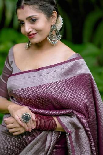 maroon silver soft art silk banarasi jacuard work designer party wear saree with unstitched blouse piece
