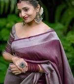 maroon silver silk blend banarasi saree with unstitched blouse piece
