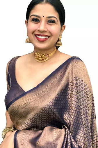 neavy blue silk blend banarasi saree with unstitched blouse piece