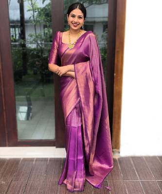 purple silk blend banarasi saree with unstitched blouse piece 1
