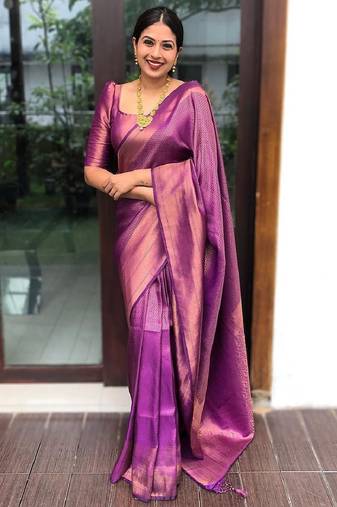 purple  soft art silk banarasi jacuard work designer party wear saree with unstitched blouse piece