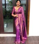 purple  soft art silk banarasi jacuard work designer party wear saree with unstitched blouse piece