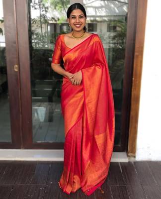 red silk blend banarasi saree with unstitched blouse piece 1