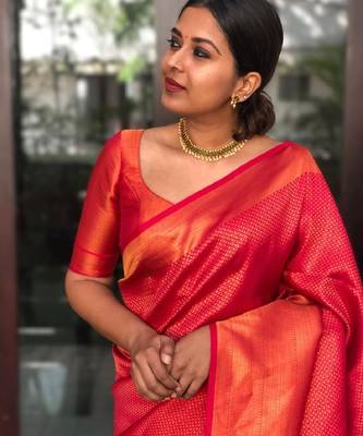 red silk blend banarasi saree with unstitched blouse piece 4