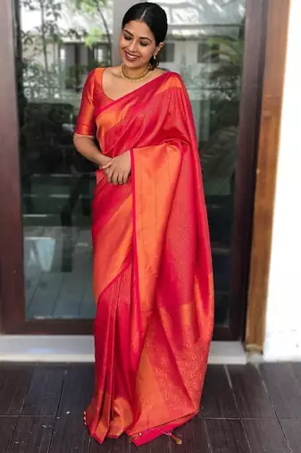 red silk blend banarasi saree with unstitched blouse piece