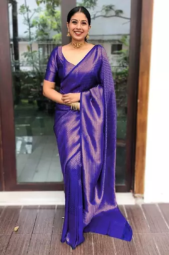 royal blue silk blend banarasi saree with unstitched blouse piece