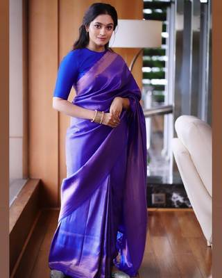 royal blue silk blend banarasi saree with unstitched blouse piece 2