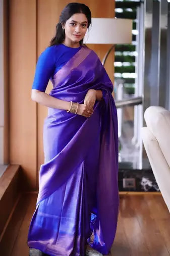 royal blue silk blend banarasi saree with unstitched blouse piece