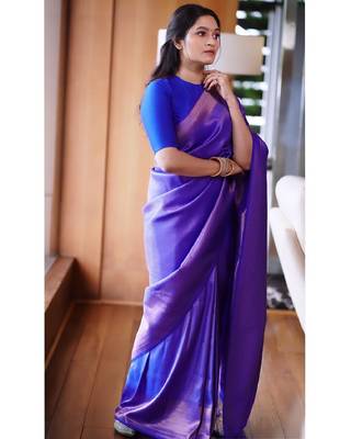 royal blue silk blend banarasi saree with unstitched blouse piece 1