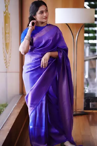 royal blue silk blend banarasi saree with unstitched blouse piece
