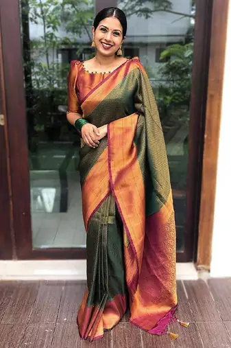 green maroon soft art silk banarasi jacuard work designer party wear saree with unstitched blouse piece