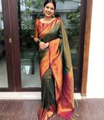 green maroon soft art silk banarasi jacuard work designer party wear saree with unstitched blouse piece