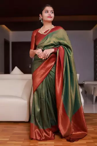 green maroon soft art silk banarasi jacuard work designer party wear saree with unstitched blouse piece