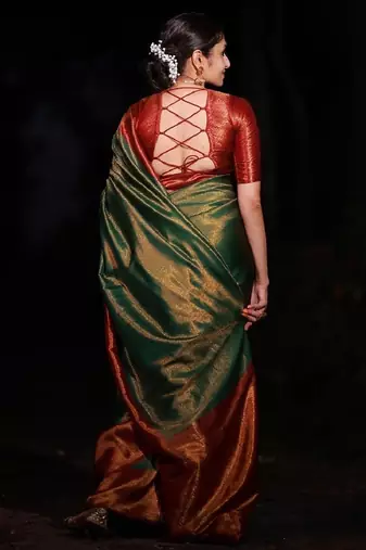 green maroon silk blend banarasi saree with unstitched blouse piece