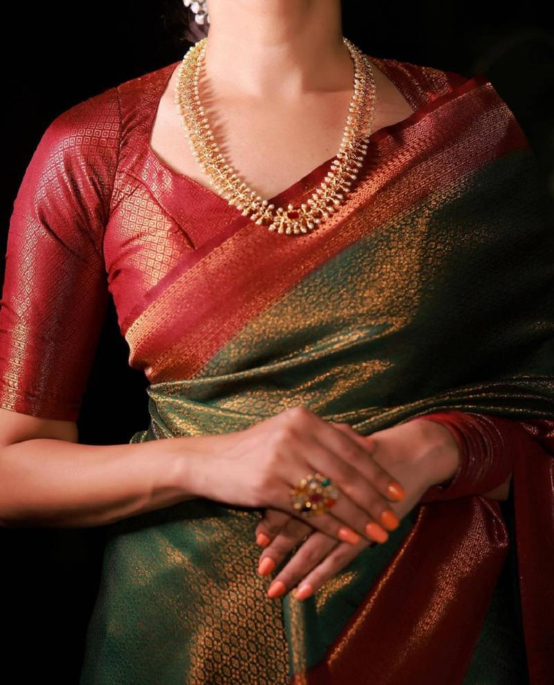 green maroon soft art silk banarasi jacuard work designer party wear saree with unstitched blouse piece