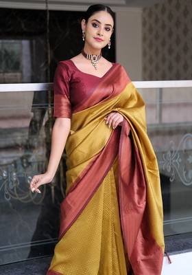 mustard maroon silk blend banarasi saree with unstitched blouse piece 2