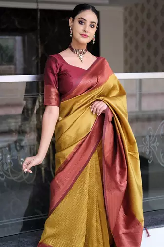 mustard maroon silk blend banarasi saree with unstitched blouse piece